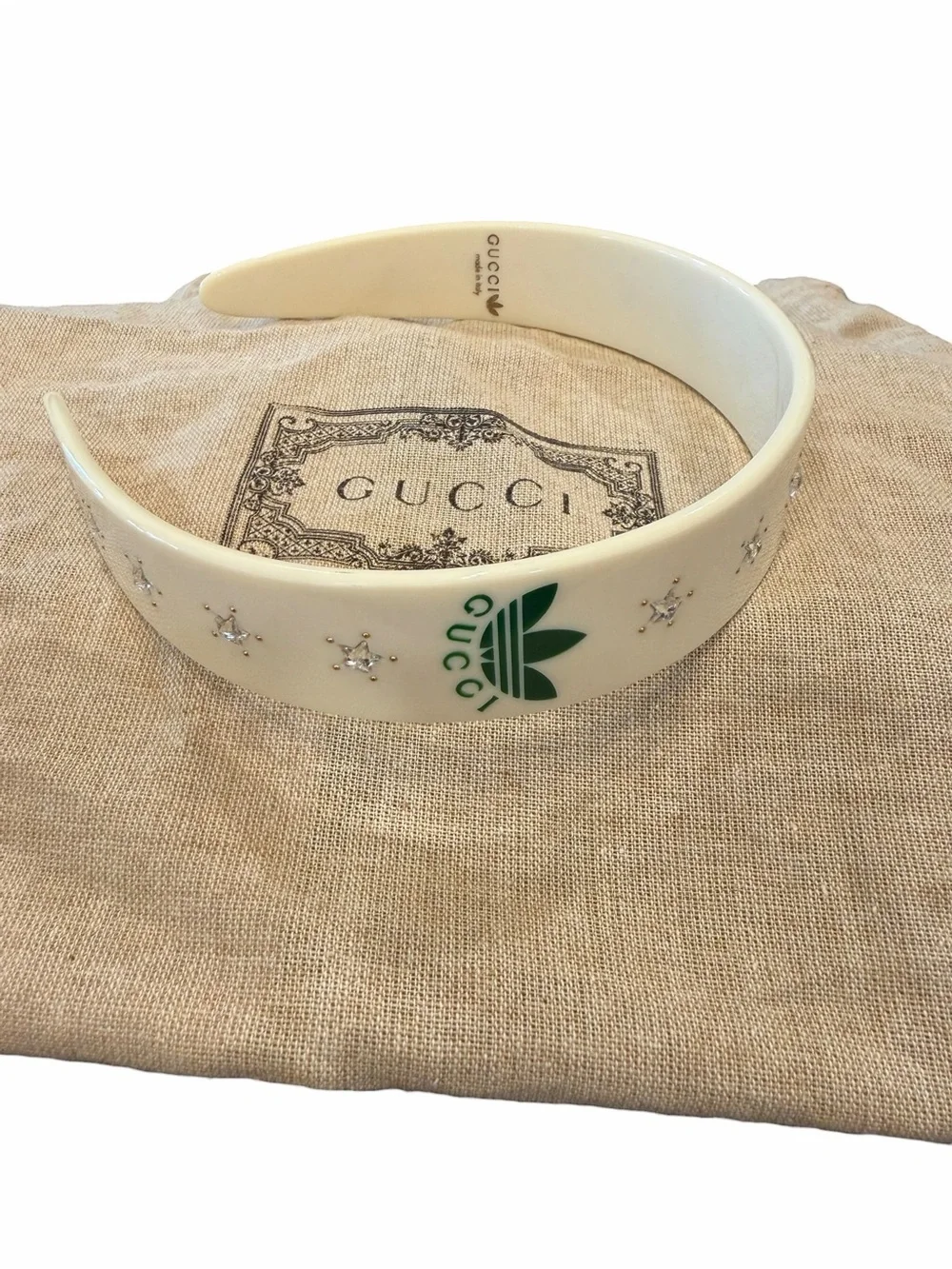 Gucci Adidas NWT With COA Cream Headband with Green Logo and Crystal Stars